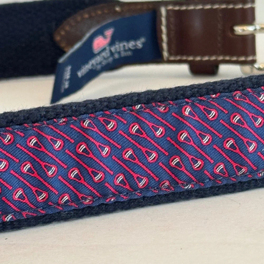 Vineyard Vines Belt Mens 28 Navy Blue Lacrosse Novelty Stick‎ Canvas Leather